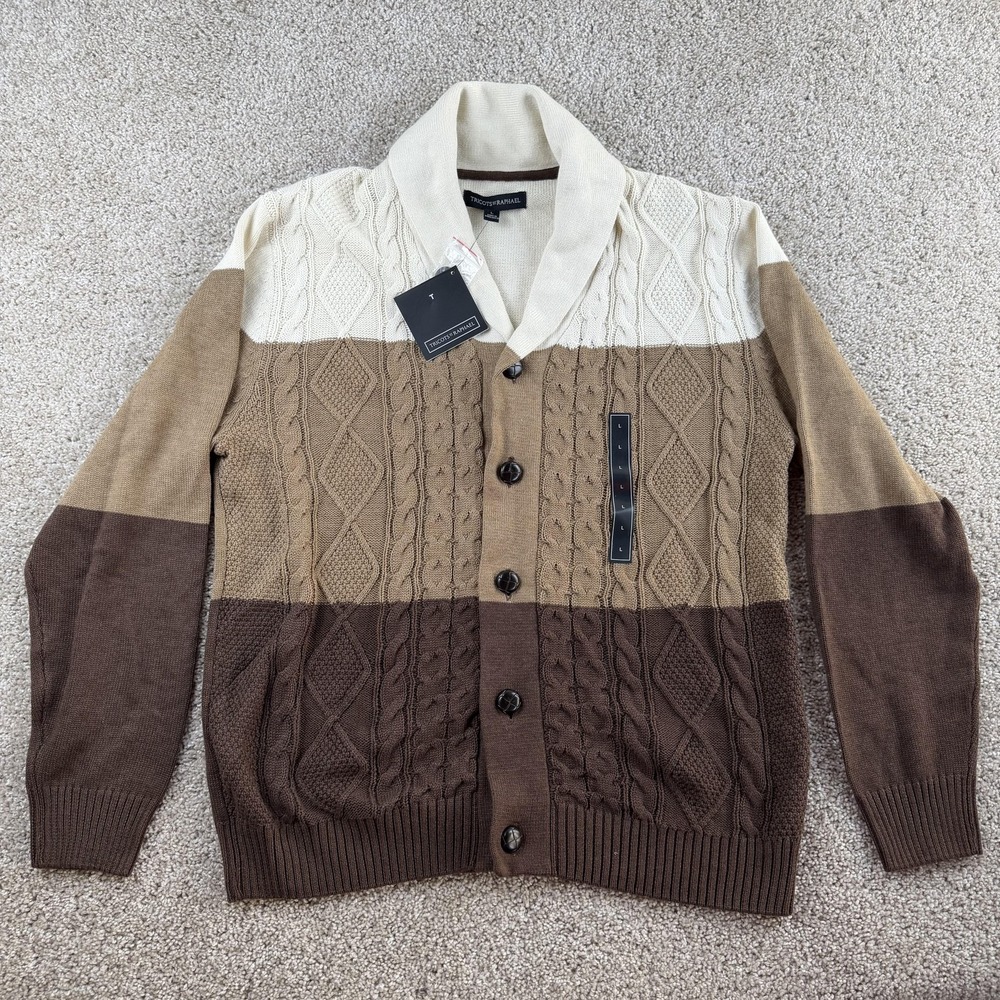 Tricots St. Raphael Sweater Mens Large Brown Shawl Collar Cable Knit Cardigan